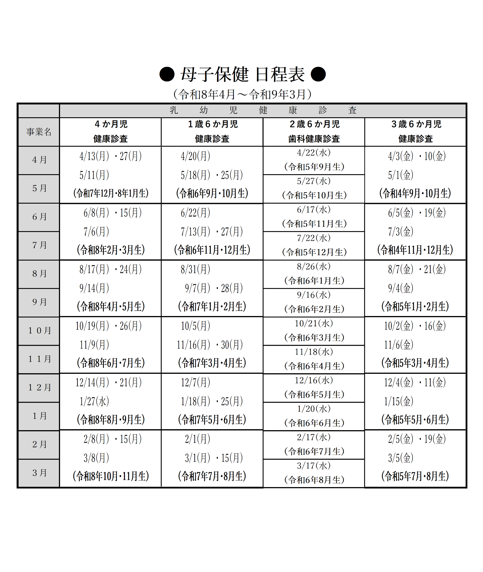 令和8年度乳幼児健診日程