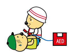 AEDを使用するふくまるくん救急隊のイラスト