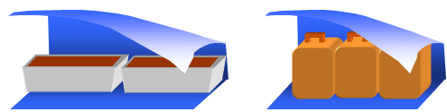 （左）プランターに土が入っており、シートで包んでいるイラスト（右）3つの石油用ポリタンクがビニールシートで包んであるイラスト