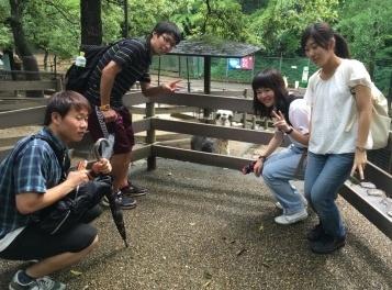 動物園の動物の柵の前で4人が腰かけて記念撮影をしている写真