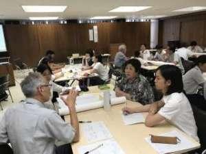 会議室のような場所でグループに分かれて話し合いをしている参加者達の写真