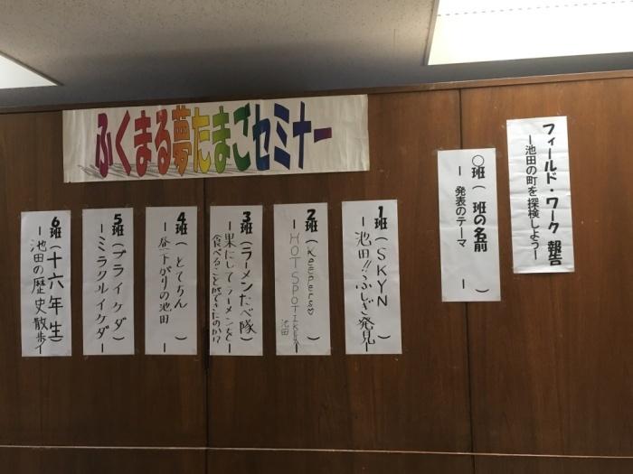 壁に班ごとのテーマが書かれた紙が貼ってある写真