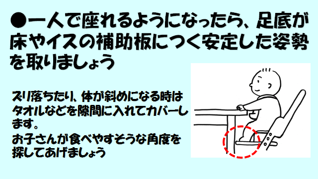 赤ちゃんが椅子に座り、足置きに足がしっかりと付いているイラスト 一人で座れるようになったら、足底が床やイスの補助板につく安定した姿勢を取りましょう ズリ落ちたり、体が斜めになる時はタオルなどを隙間に入れてカバーします。お子さんが食べやすそうな角度を探してあげましょう