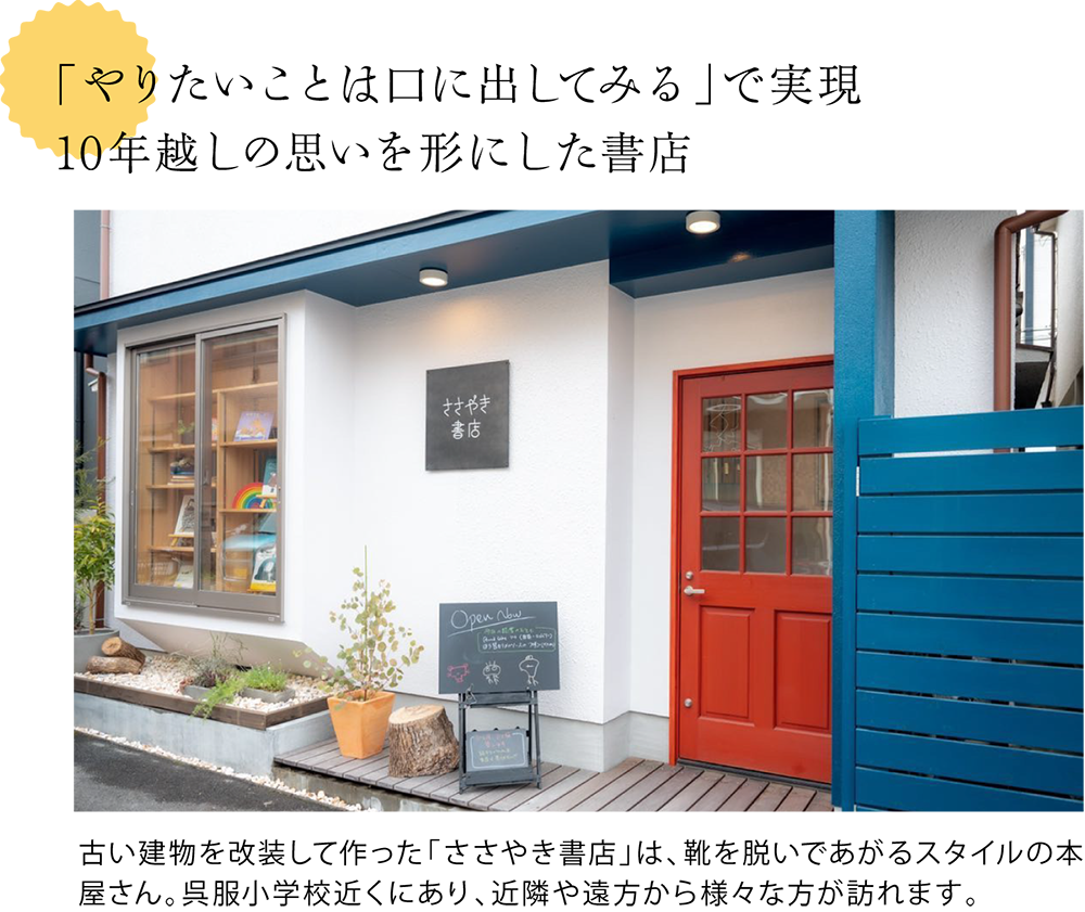 「やりたいことは口に出してみる」で実現。10年越しの思いを形にした書店  ＜書店の外観の写真＞古い建物を改装して作った「ささやき書店」は、靴を脱いであがるスタイルの本屋さん。呉服小学校近くにあり、近隣や遠方から様々な方が訪れます。