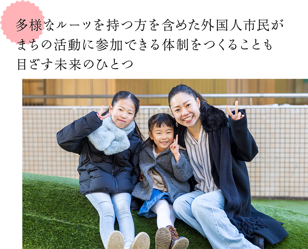 多様なルーツを持つ方を含めた外国人市民が まちの活動に参加できる体制をつくることも 目ざす未来のひとつ